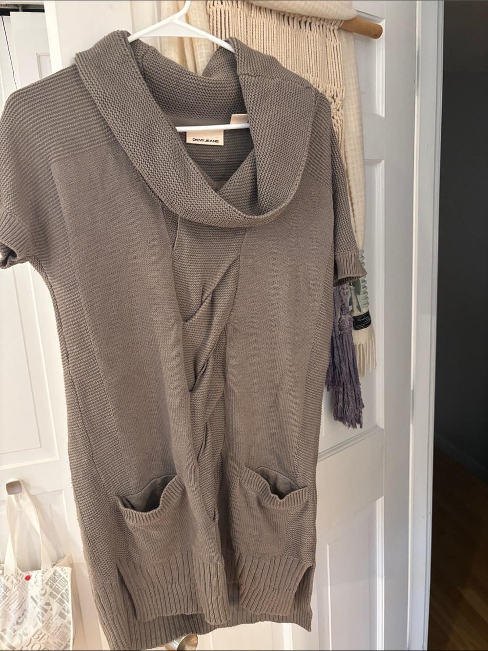 Dkny Taupe Cowl-Neck Short-Sleeve Cable-Knit Sweater